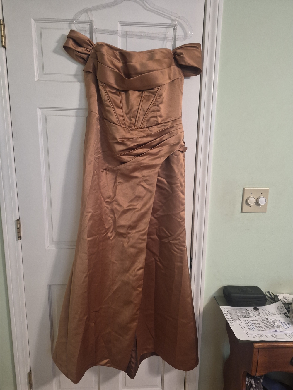 Satin Off-Shoulder Formal Gown in Copper